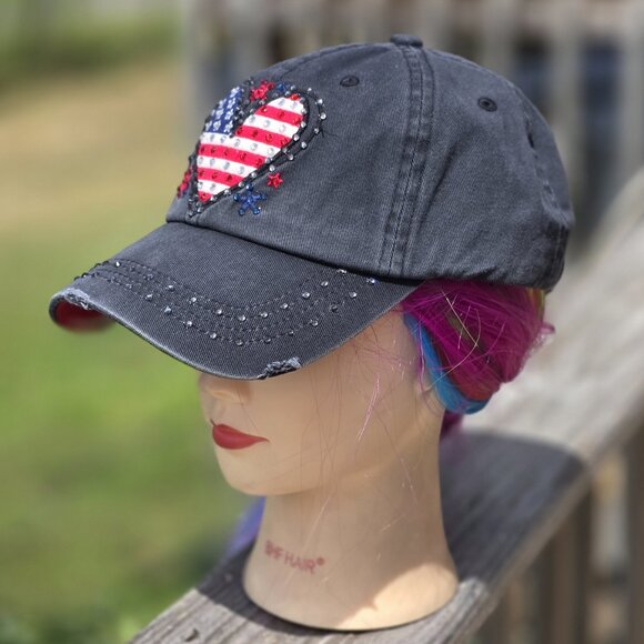 Ladies Black USA Heart BLING Hat NEW - Picture 3 of 4